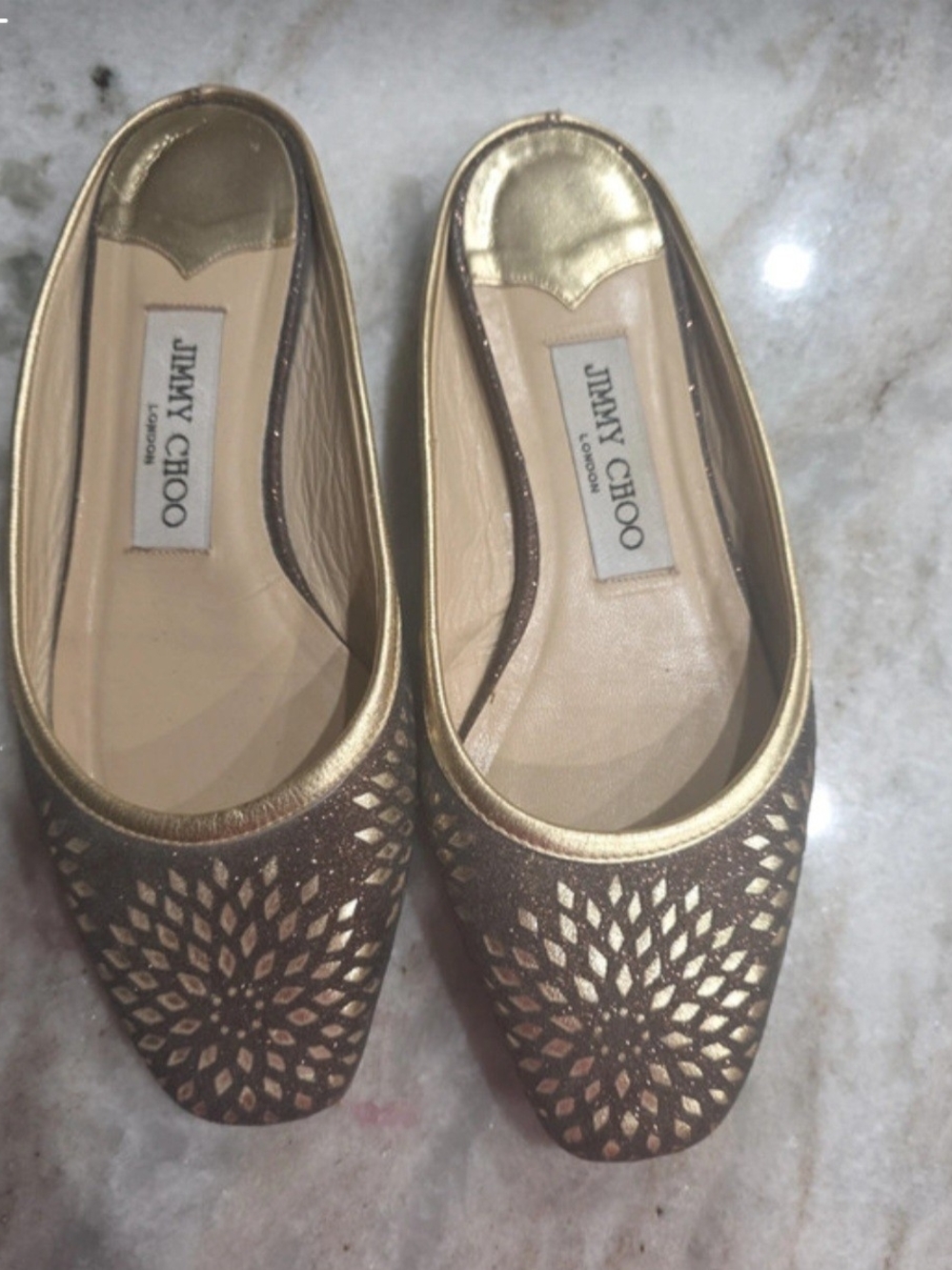 Jimmy Choo Metallic Gold and Brown Laser-Cut Ballet Flats